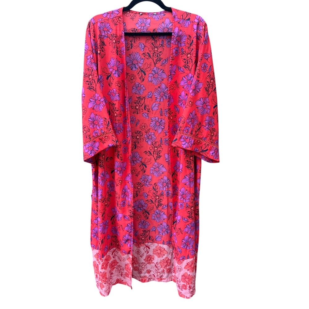 Jessica Simpson Floral Duster Kimono Red Purple Lace Trim L/XL WJJSW001-DUB